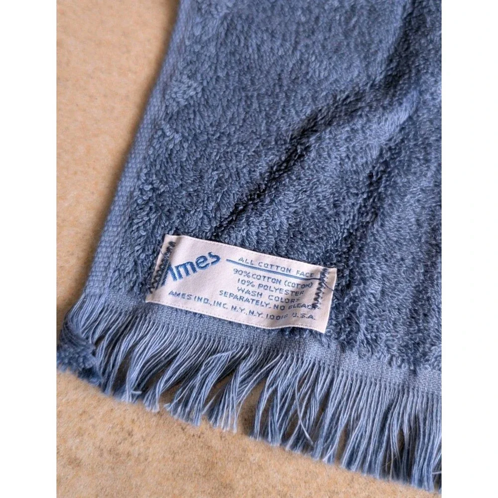 Vintage Embroidered Blue Cat Fingertip Towel NEW Unused Fringe Granny 18x11